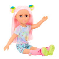 14-inch posable doll with pink hair and brown eyes in sitting position