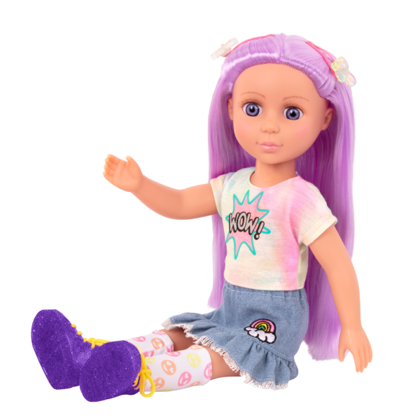 14-inch posable doll with purple hair and purple eyes in sitting position