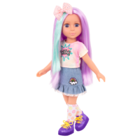 14-inch posable doll with purple hair and purple eyes with extension