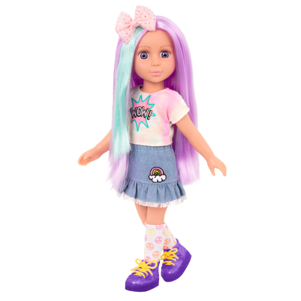 14-inch posable doll with purple hair and purple eyes with extension