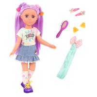 14-inch posable doll with purple hair and purple eyes with accessories