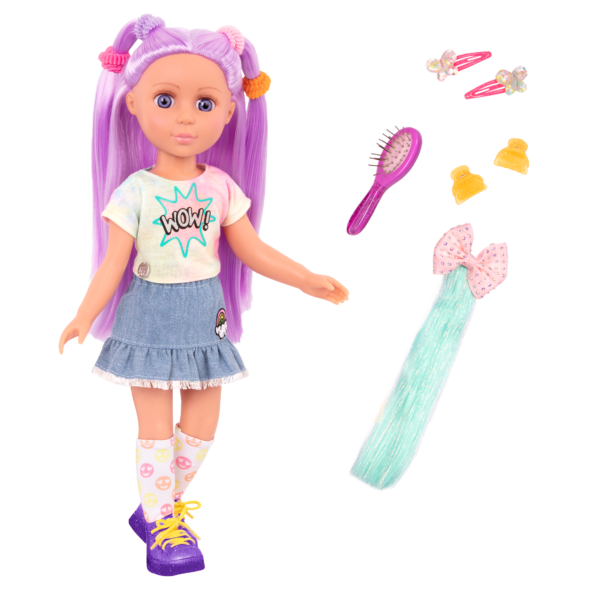 14-inch posable doll with purple hair and purple eyes with accessories