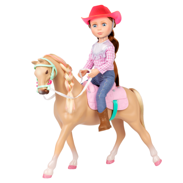 14-inch posable doll with brown hair and blue eyes riding toy horse