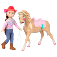 14-inch posable doll with brown hair and blue eyes next to toy horse