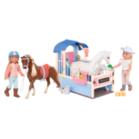 Two 14-inch posable dolls tending to toy horses
