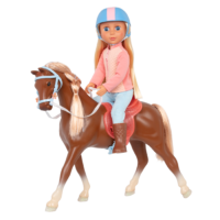 14-inch posable doll with blonde hair and blue eyes riding toy horse
