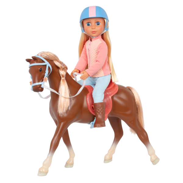 14-inch posable doll with blonde hair and blue eyes riding toy horse
