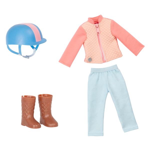 Equestrian outfit for 14-inch posable doll with blonde hair and blue eyes