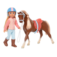 14-inch posable doll with blonde hair and blue eyes standing next to toy horse