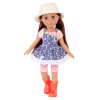14-inch posable doll with auburn hair and turquoise eyes
