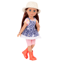 14-inch posable doll with auburn hair and turquoise eyes