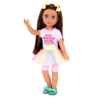 14-inch posable doll with brown hair and blue eyes