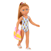 14-inch posable doll with light brown hair and blue eyes