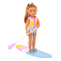 14-inch posable doll with light brown hair and blue eyes on paddleboard