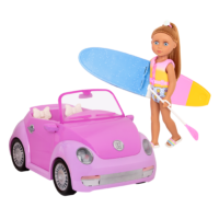14-inch posable doll with light brown hair and blue eyes holding paddleboard next to toy punch buggy