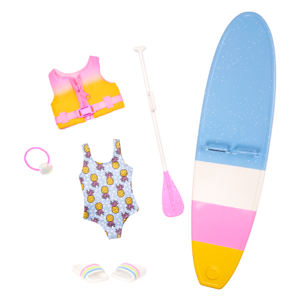 Paddle boarding outfit for 14-inch posable doll with light brown hair and blue eyes
