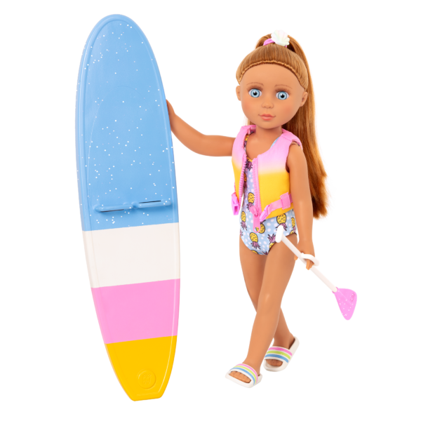 14-inch posable doll with light brown hair and blue eyes holding paddleboard