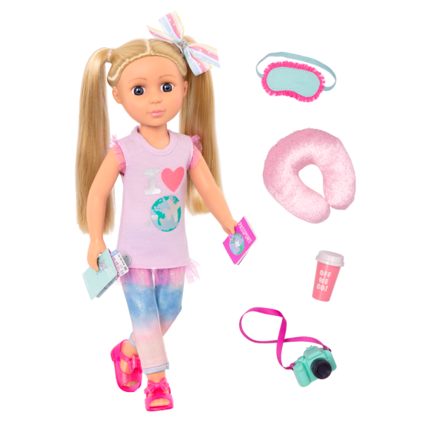 14-inch posable doll with blonde hair and purple eyes with travel accessories