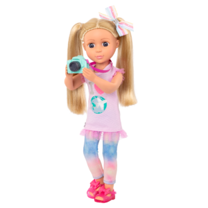 14-inch posable doll with blonde hair and purple eyes holding camera