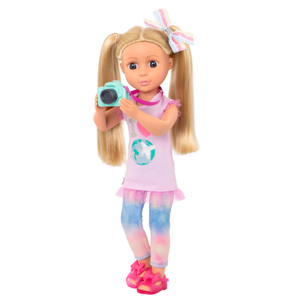 14-inch posable doll with blonde hair and purple eyes holding camera