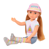 14-inch posable doll with red hair and hazel eyes in sitting position