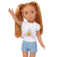 14-inch posable doll with red hair and hazel eyes