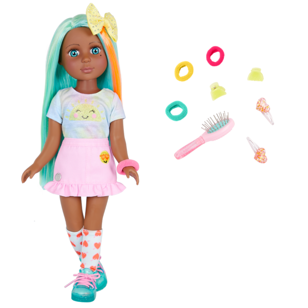 14-inch posable doll with turquoise hair and turquoise eyes