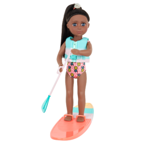 14-inch posable doll with brown hair and blue eyes on paddleboard