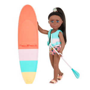 14-inch posable doll with brown hair and blue eyes holding paddleboard