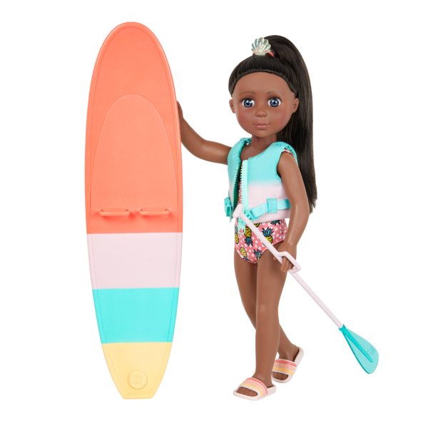14-inch posable doll with brown hair and blue eyes holding paddleboard