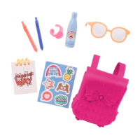 toy backpack glasses water bottle pens paper