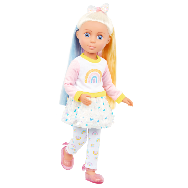 doll with rainbow outfit and multicolored hair