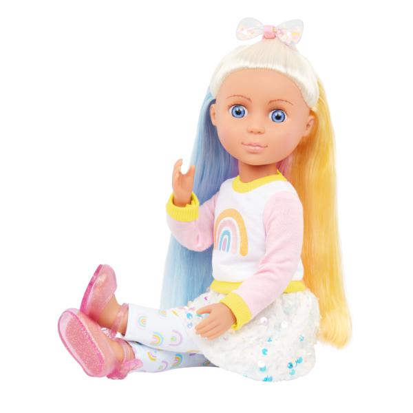 doll sitting with glitter pink shoes