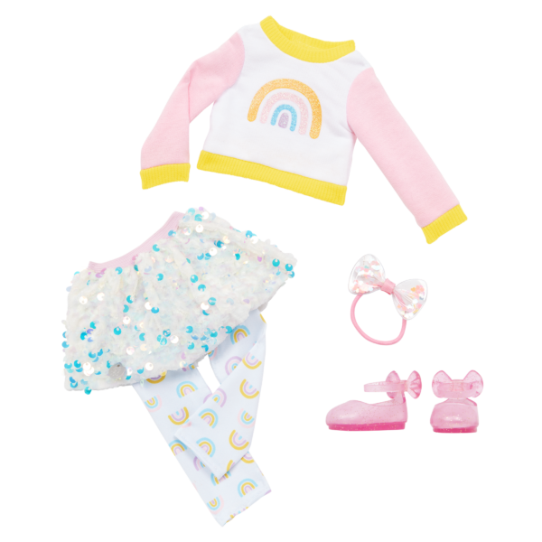doll outfit with sequined skirt and rainbow top