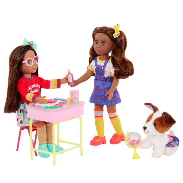 Glitter Girls Dolls Sitting at Desk with Pup