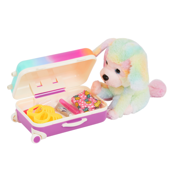 Plushie Dog with Multicolored Fur Packing Suitcase