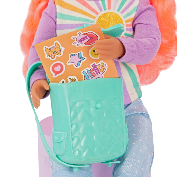 Close up of Sian from Glitter Girls with School Bag and Sticker Sheet