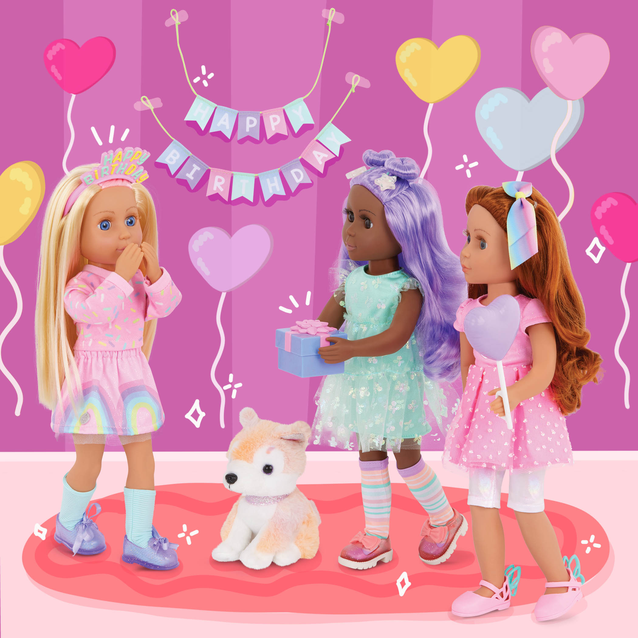 14-inch dolls Glitter Girls bendable dolls celebrating birthday with plush pup