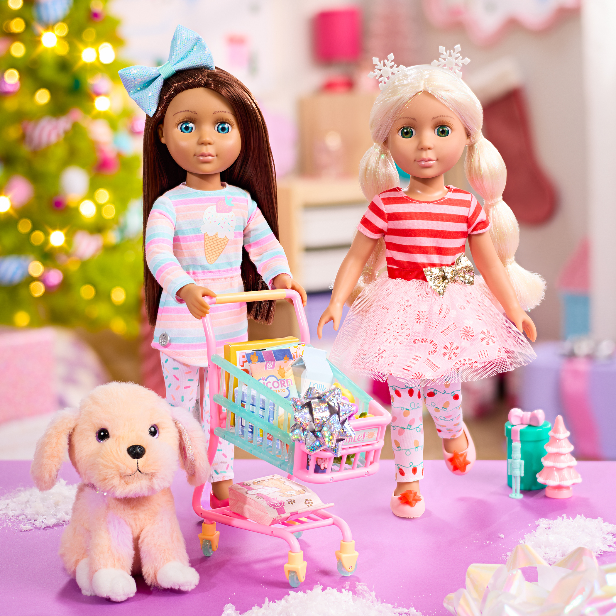 Glitter Girls Dolls Myla and Emmie with plush pup Biscuit and shopping cart playset