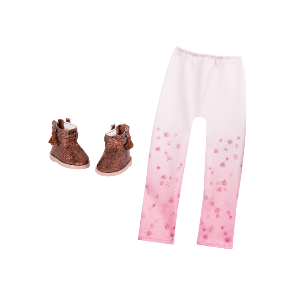 Pink ombre leggings and brown glitter boots for 14-inch doll