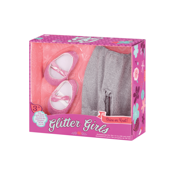 Silver glitter leggings and pink glitter shoes for 14-inch doll