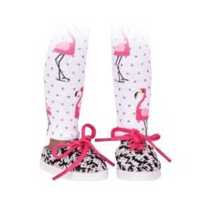 Flamingo-printed leggings and black & white patterned shoes