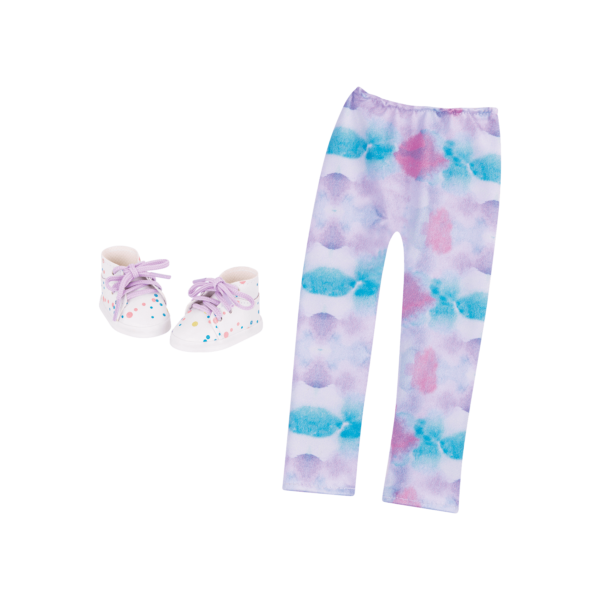 Watercolor patterned leggings and paint-spattered high-top sneakers