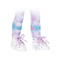 Watercolor patterned leggings and paint-spattered high-top sneakers