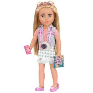 14-inch doll wearing travel accessories
