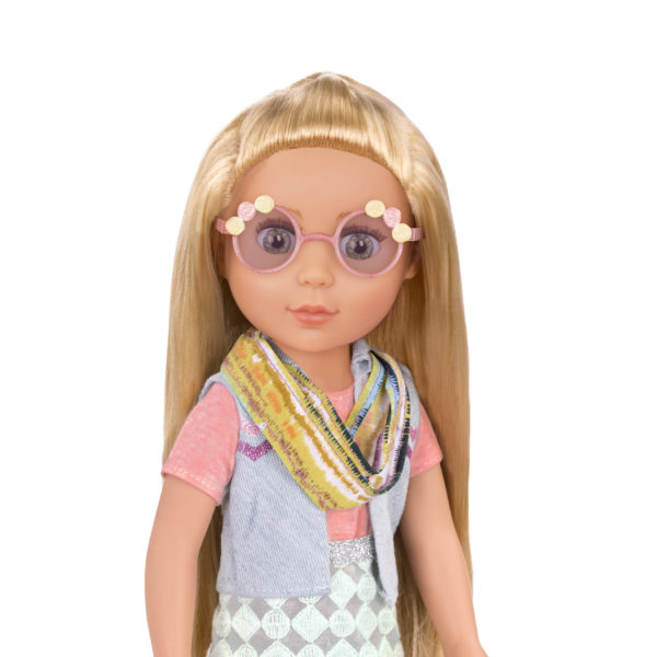 14-inch doll wearing travel accessories