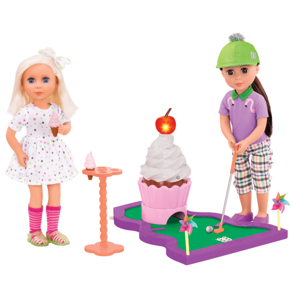 Two 14-inch dolls playing with mini-golf playset