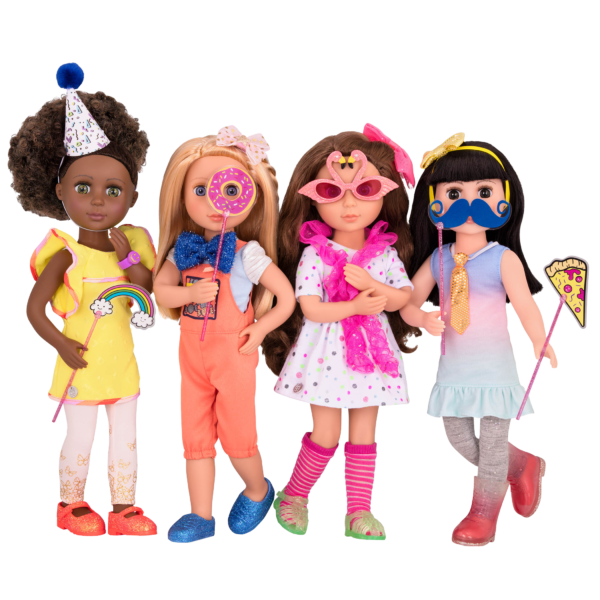 Four 14-inch dolls with toy photo booth props