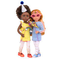 Two 14-inch dolls with toy photo booth props