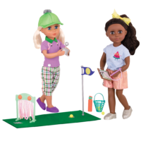 Two 14-inch dolls playing with mini-golf playset